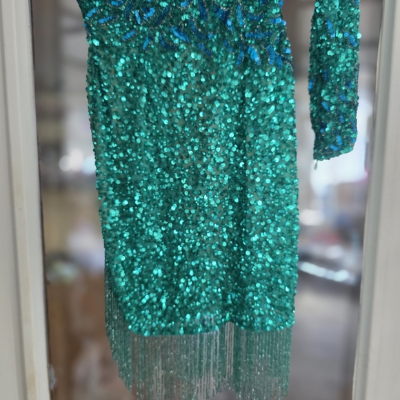 Rachel Allan Teal Sequin Beaded Homecoming Formal Fringe Prom Shoulder Dress 0 - Picture 3 of 9